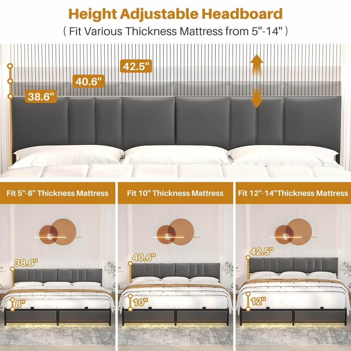 King Size Bed Frame with 3 Height Adjustable Headboard