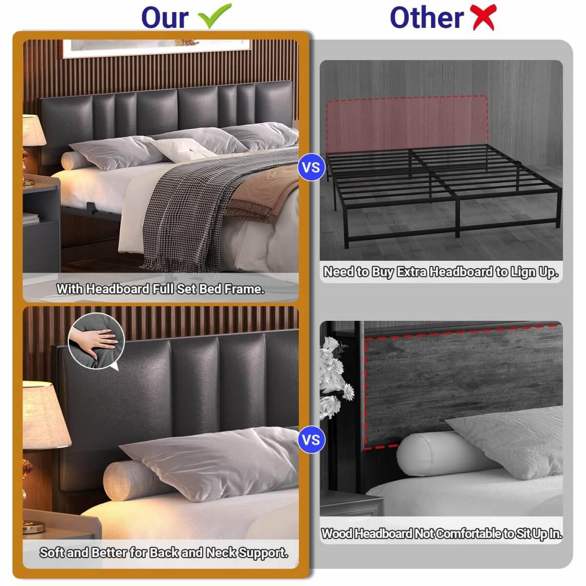 King Size Bed Frame with 3 Height Adjustable Headboard