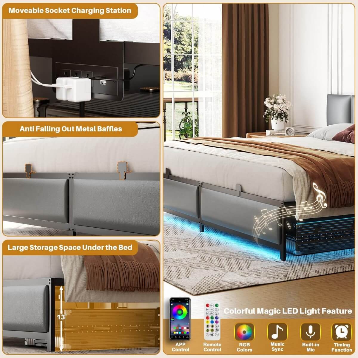 King Size Bed Frame with 3 Height Adjustable Headboard