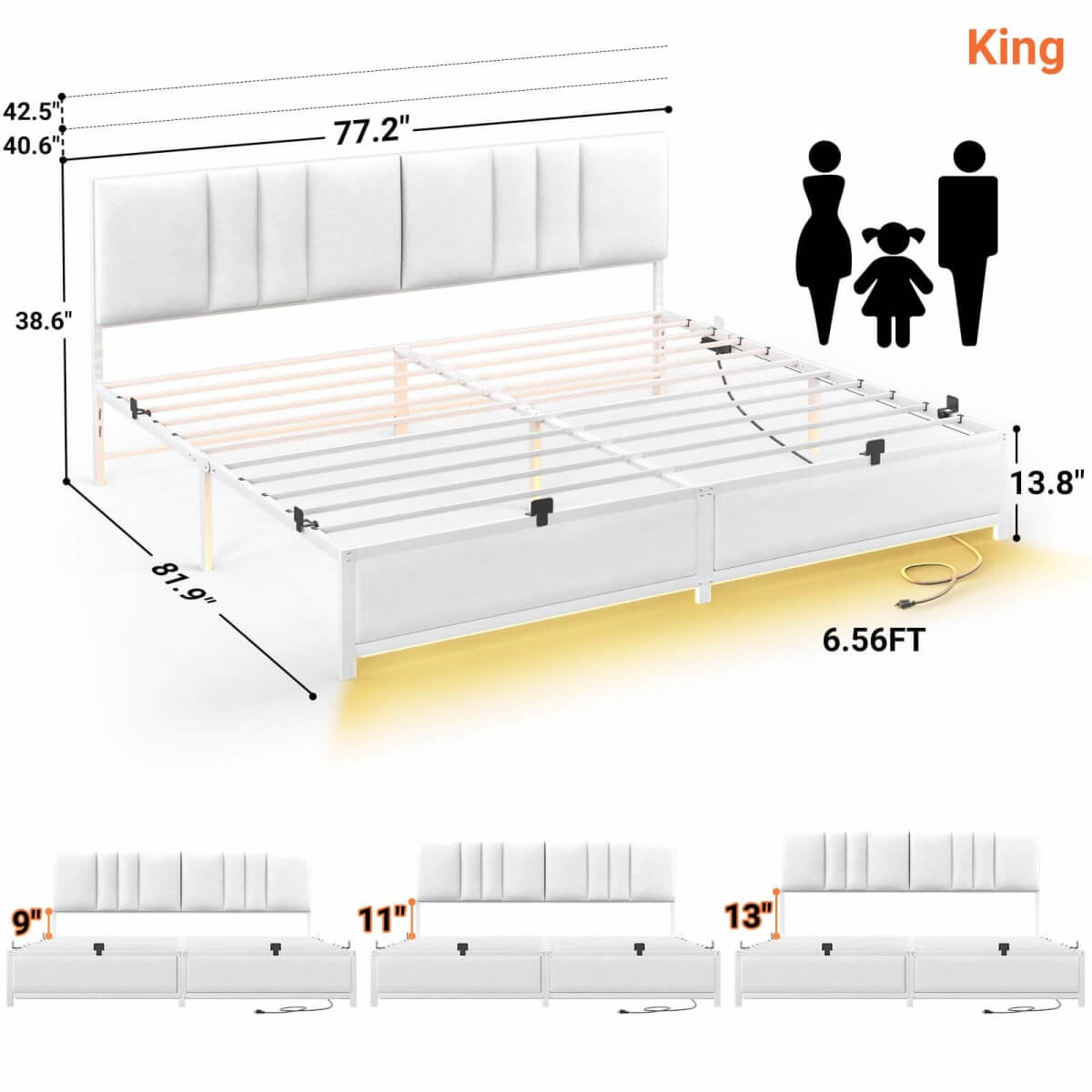 King Size Bed Frame with 3 Height Adjustable Headboard