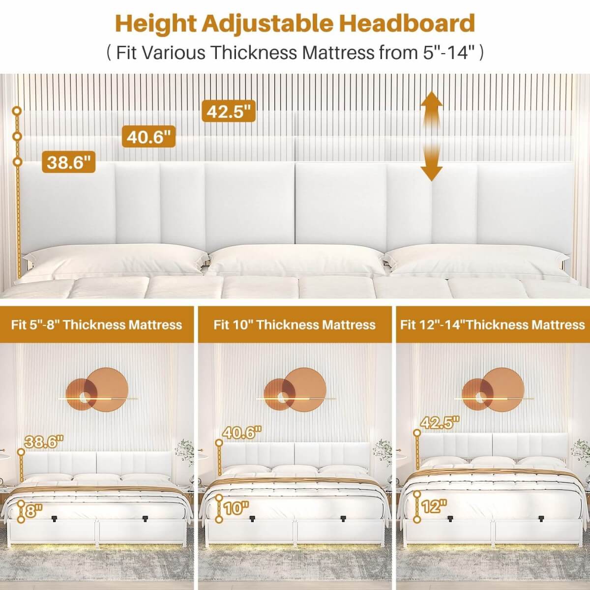 King Size Bed Frame with 3 Height Adjustable Headboard