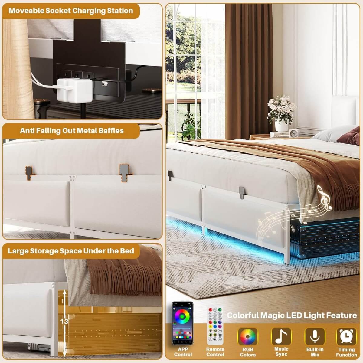 King Size Bed Frame with 3 Height Adjustable Headboard