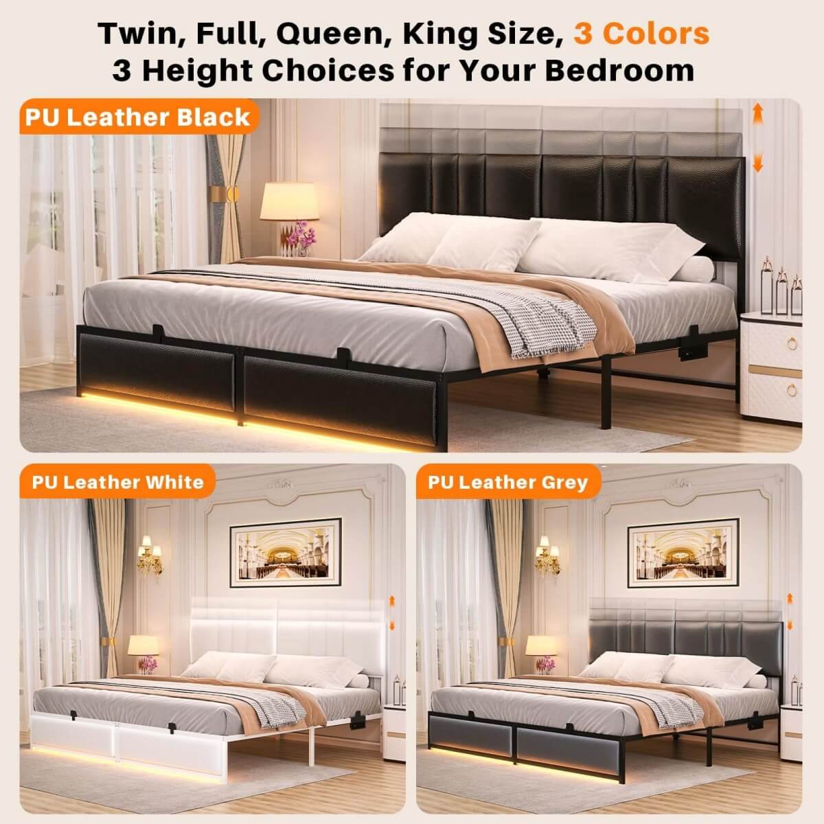 King Size Bed Frame with 3 Height Adjustable Headboard