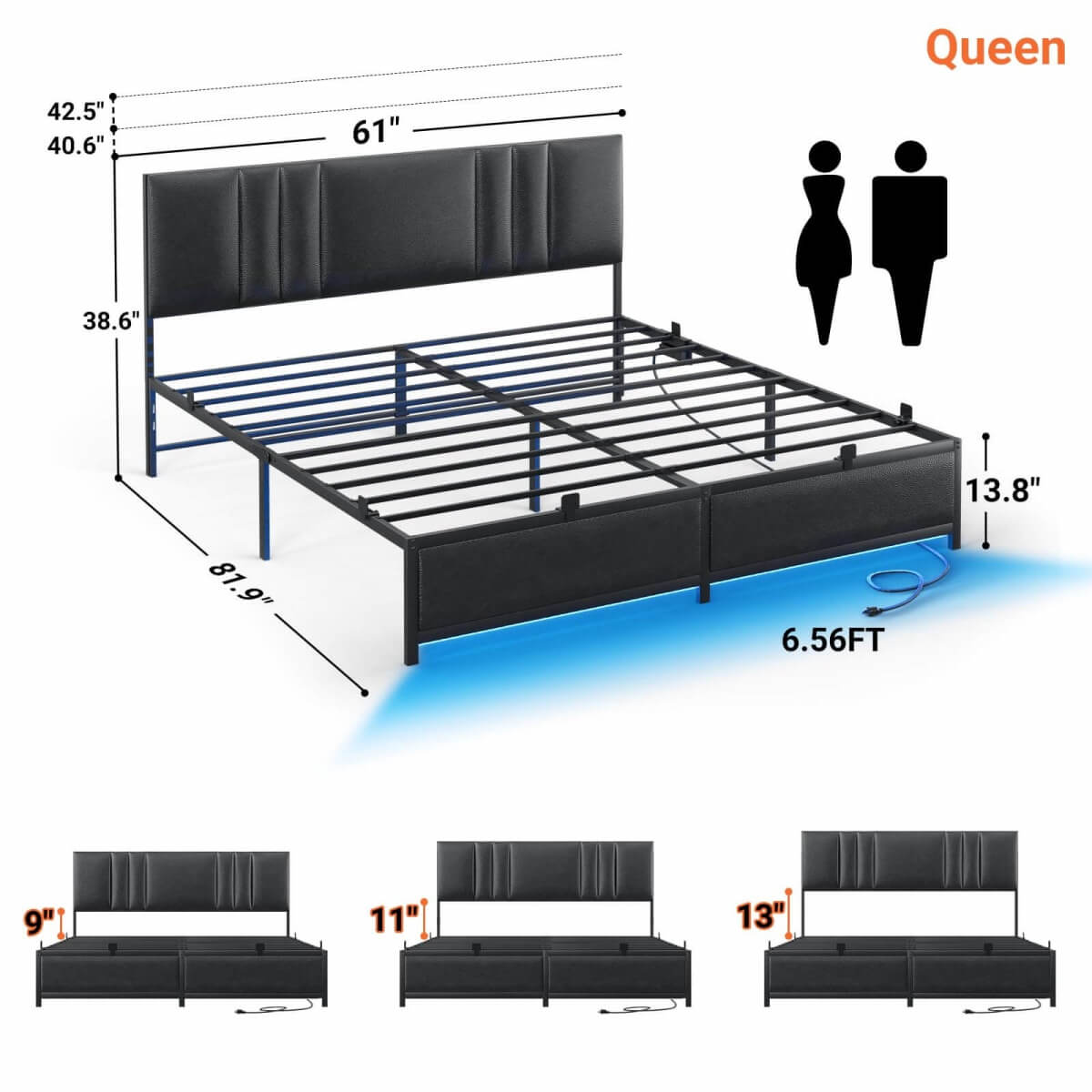 Black Bed Frame with 3 Height Adjustable Headboard, with Power Outlet & LED Light, Queen/Full/Twin Size