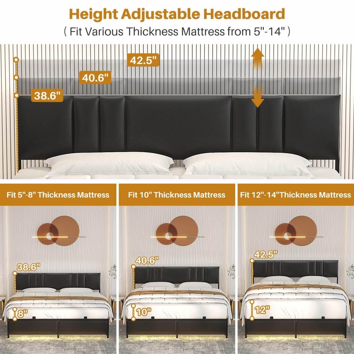 Black Bed Frame with 3 Height Adjustable Headboard, with Power Outlet & LED Light, Queen/Full/Twin Size