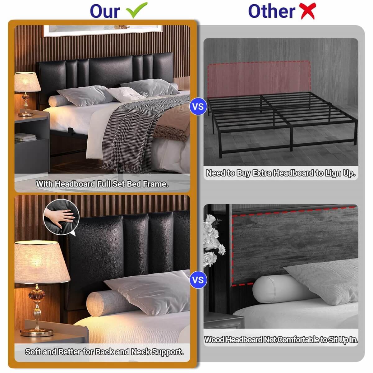 Black Bed Frame with 3 Height Adjustable Headboard, with Power Outlet & LED Light, Queen/Full/Twin Size