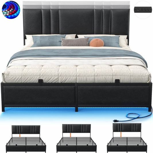 Black Bed Frame with 3 Height Adjustable Headboard, with Power Outlet & LED Light, Queen/Full/Twin Size