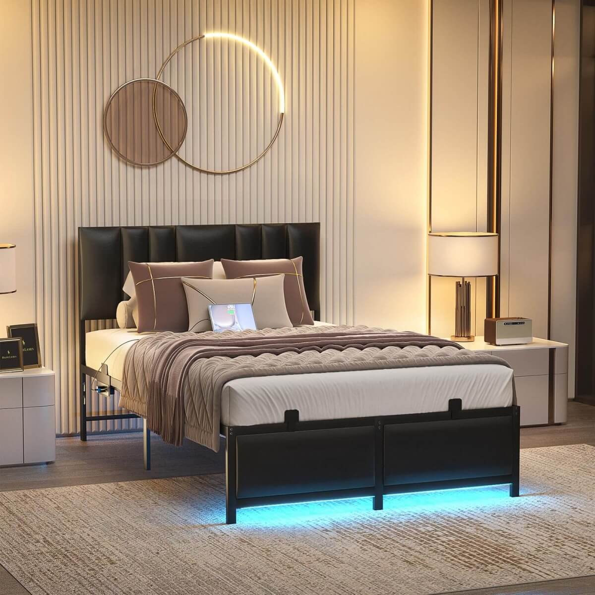 Black Bed Frame with 3 Height Adjustable Headboard, with Power Outlet & LED Light, Queen/Full/Twin Size