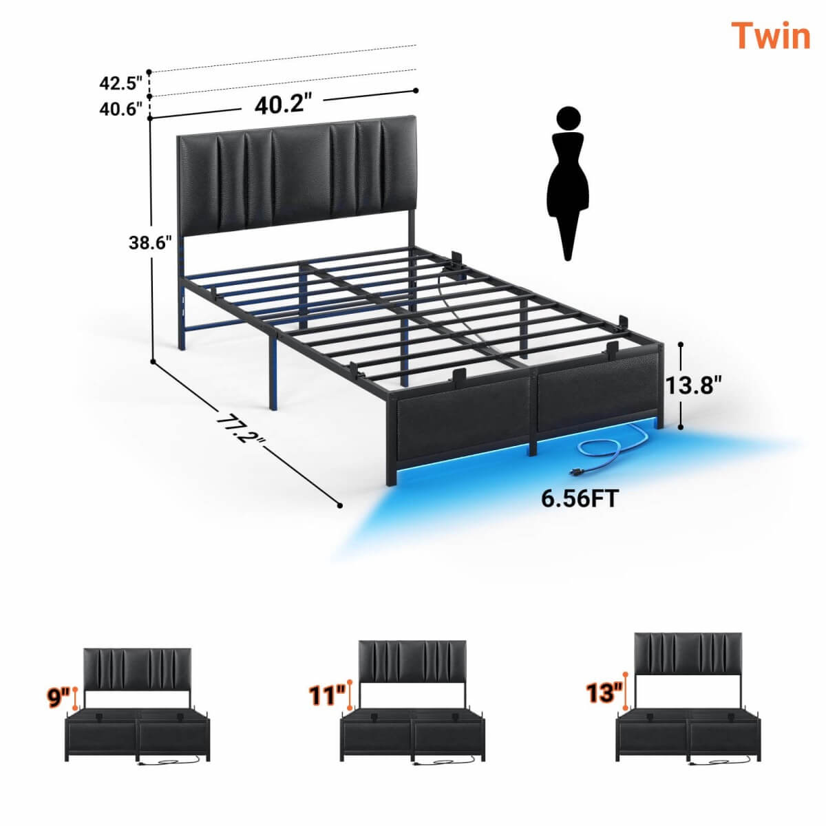 Black Bed Frame with 3 Height Adjustable Headboard, with Power Outlet & LED Light, Queen/Full/Twin Size