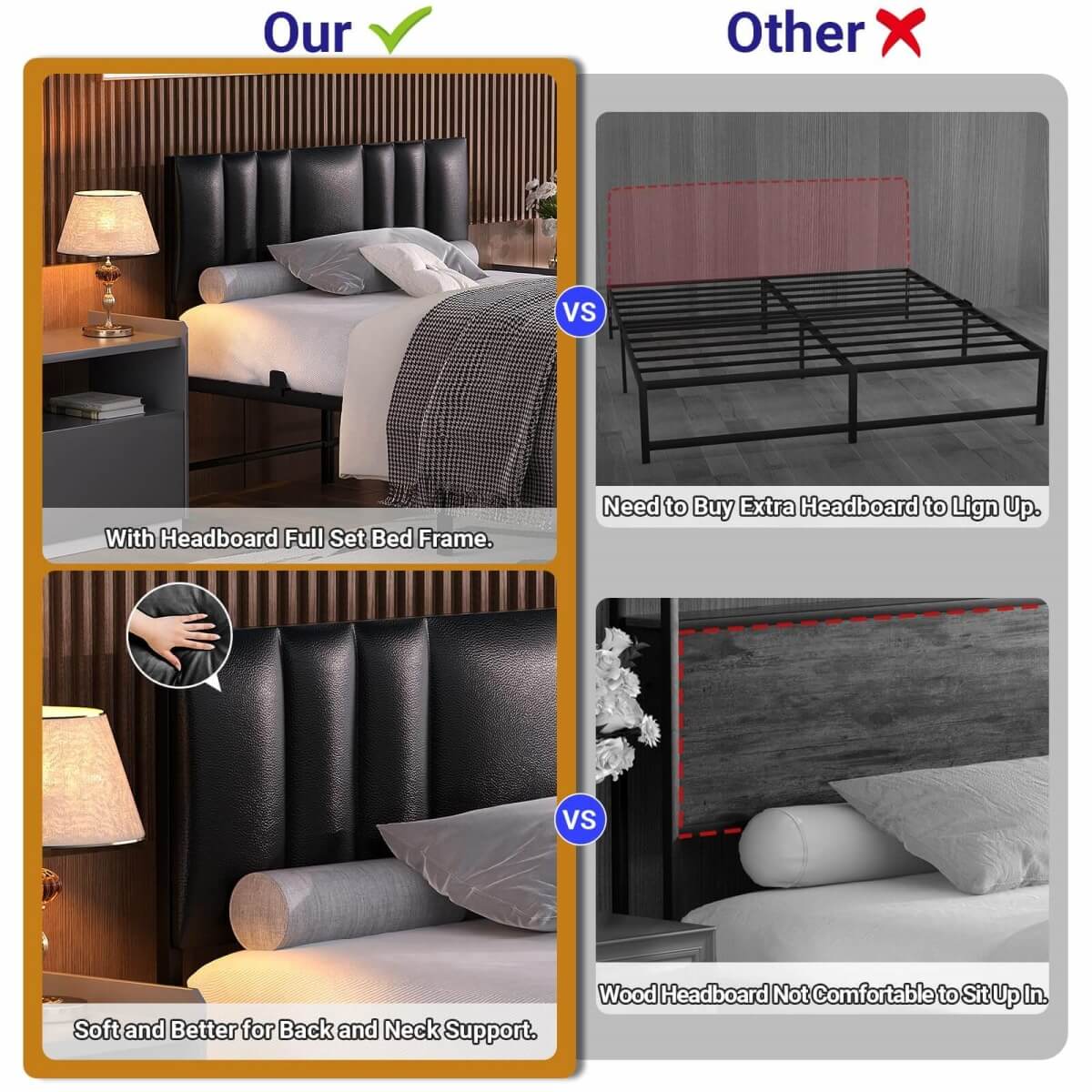 Black Bed Frame with 3 Height Adjustable Headboard, with Power Outlet & LED Light, Queen/Full/Twin Size