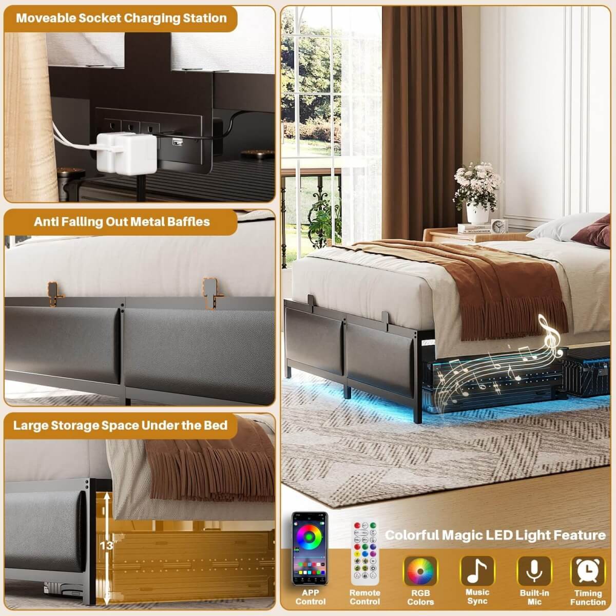 Black Bed Frame with 3 Height Adjustable Headboard, with Power Outlet & LED Light, Queen/Full/Twin Size