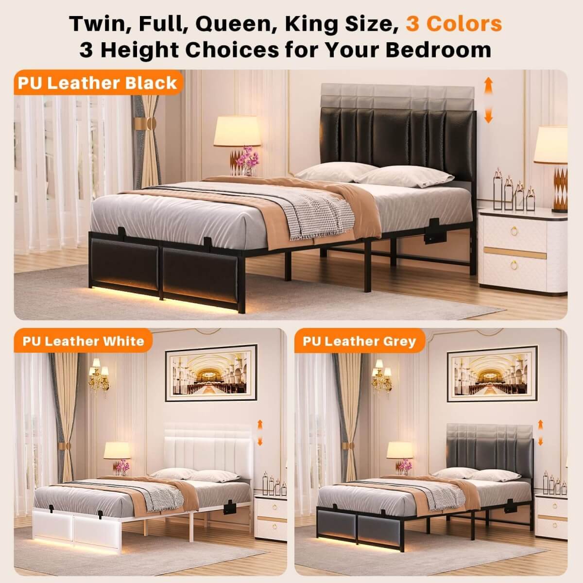 Black Bed Frame with 3 Height Adjustable Headboard, with Power Outlet & LED Light, Queen/Full/Twin Size