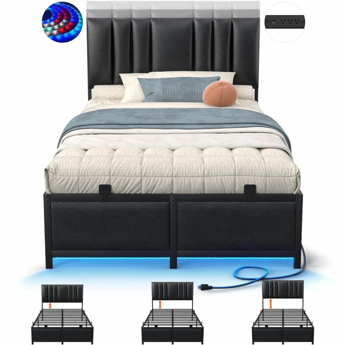 Black Bed Frame with 3 Height Adjustable Headboard, with Power Outlet & LED Light, Queen/Full/Twin Size