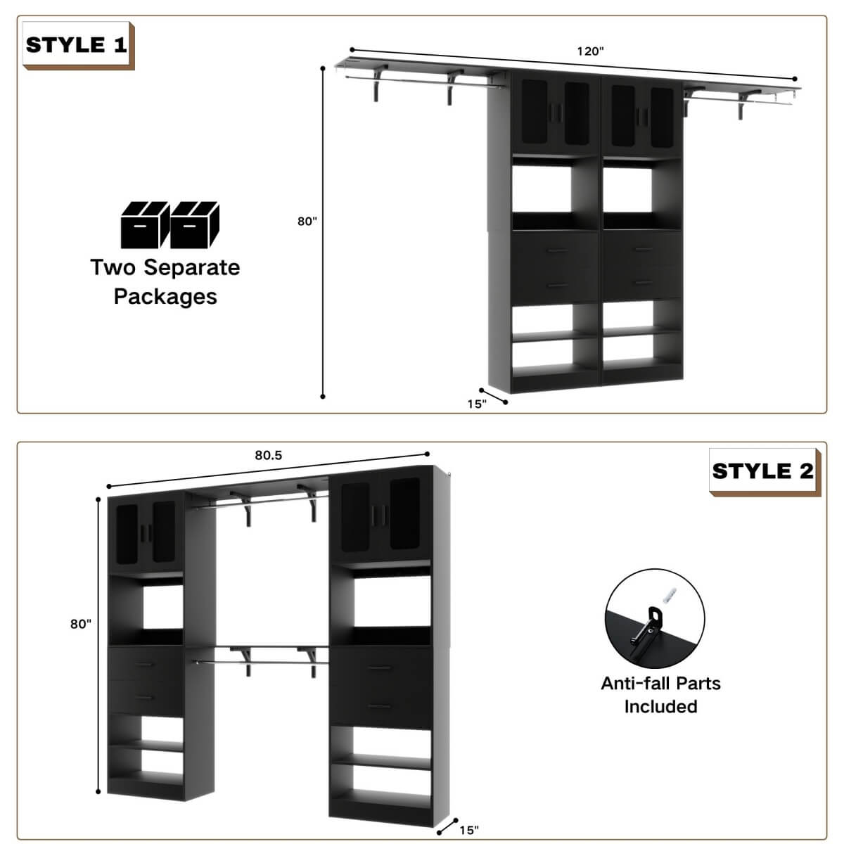 41-120 Inch Adjustable Closet System with 4 Drawers and 2 Storage Cabinets, Set of 2