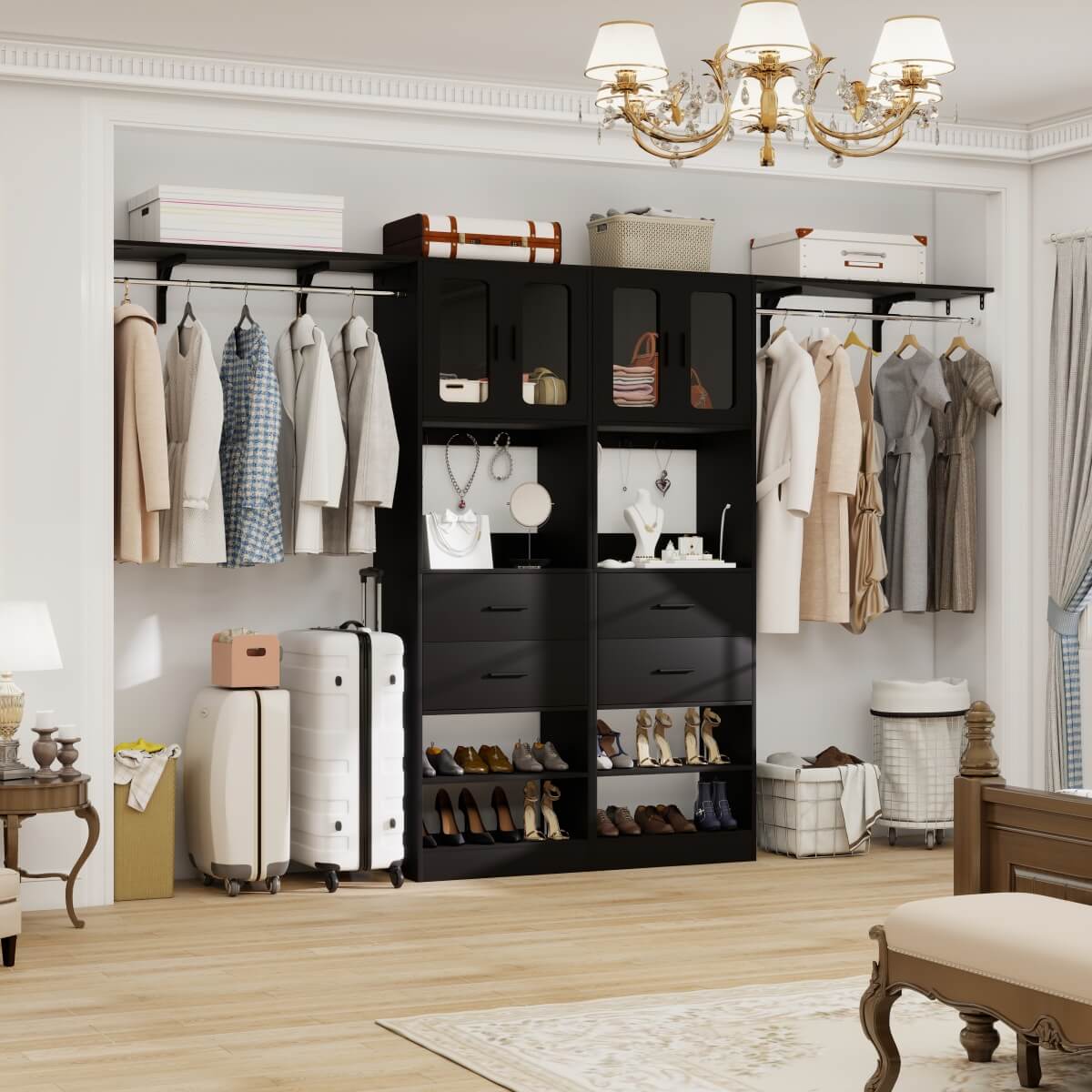 41-120 Inch Adjustable Closet System with 4 Drawers and 2 Storage Cabinets, Set of 2