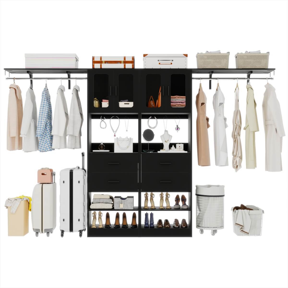 41-120 Inch Adjustable Closet System with 4 Drawers and 2 Storage Cabinets, Set of 2