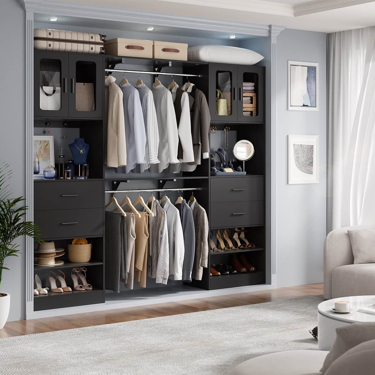 60 Inch Closet Organizer System Tower with Drawers & Big Wing Shelf