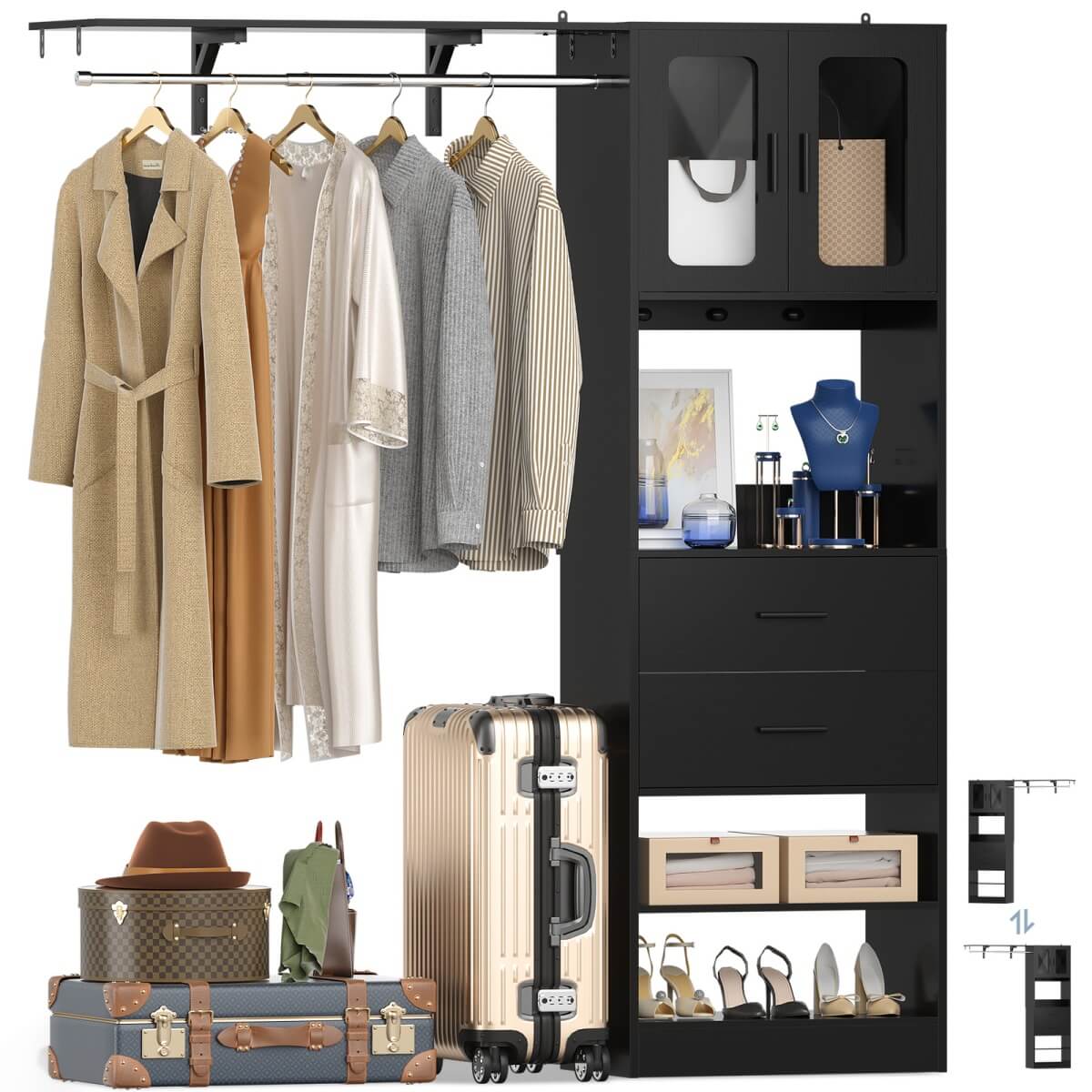 60 Inch Closet Organizer System Tower with Drawers & Big Wing Shelf