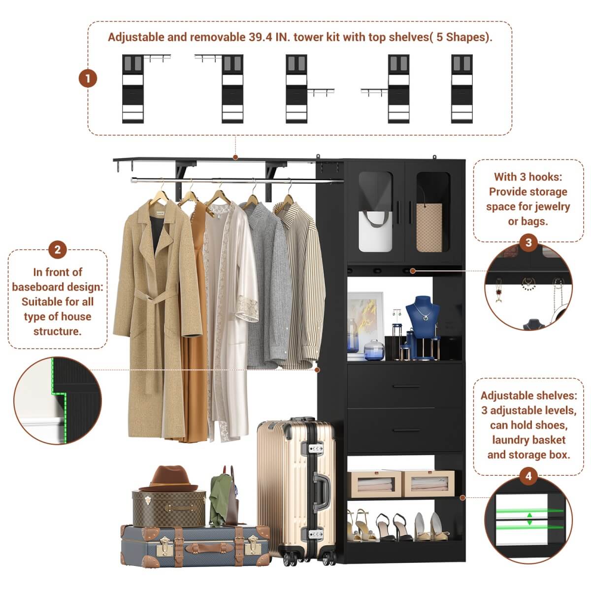 60 Inch Closet Organizer System Tower with Drawers & Big Wing Shelf