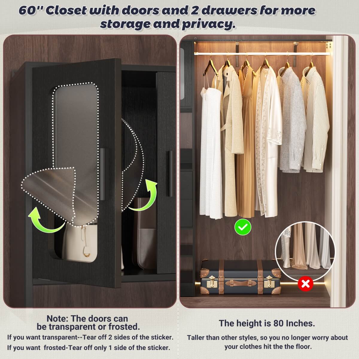 60 Inch Closet Organizer System Tower with Drawers & Big Wing Shelf
