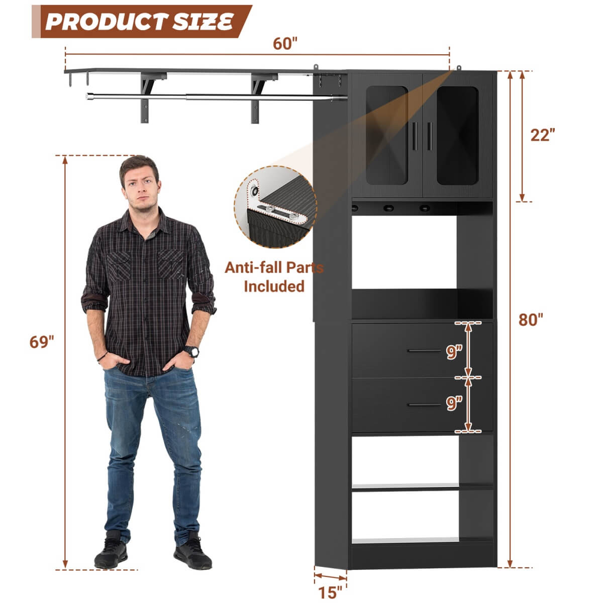 60 Inch Closet Organizer System Tower with Drawers & Big Wing Shelf