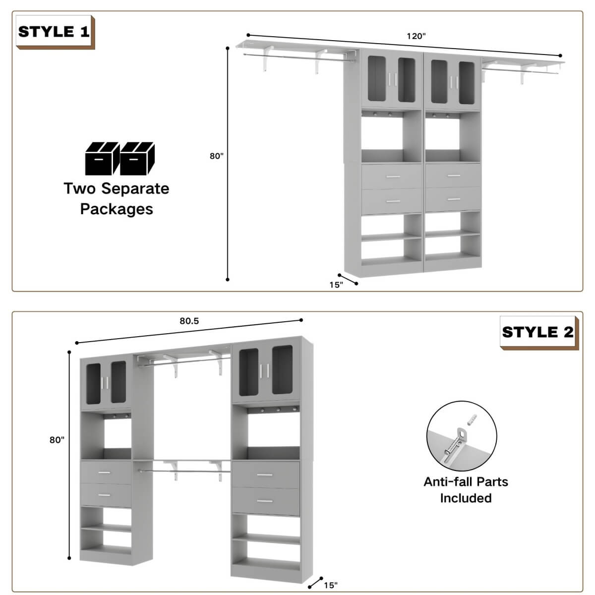 41-120 Inch Adjustable Closet System with 4 Drawers and 2 Storage Cabinets, Set of 2
