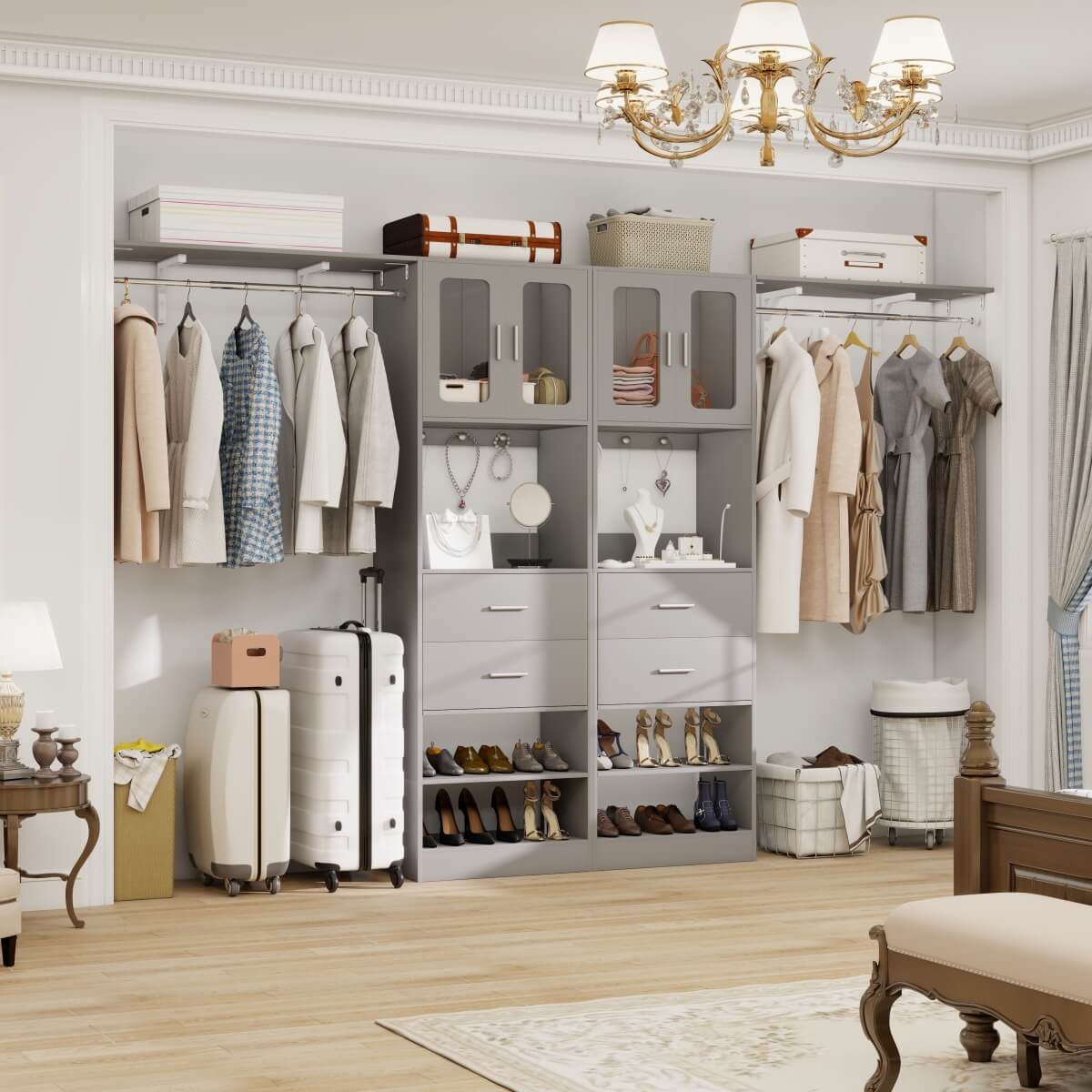 41-120 Inch Adjustable Closet System with 4 Drawers and 2 Storage Cabinets, Set of 2