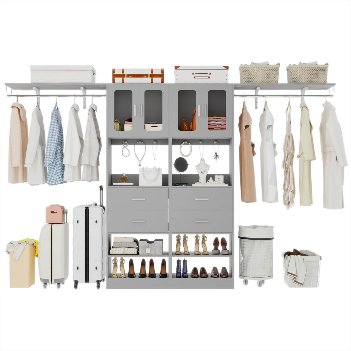 41-120 Inch Adjustable Closet System with 4 Drawers and 2 Storage Cabinets, Set of 2