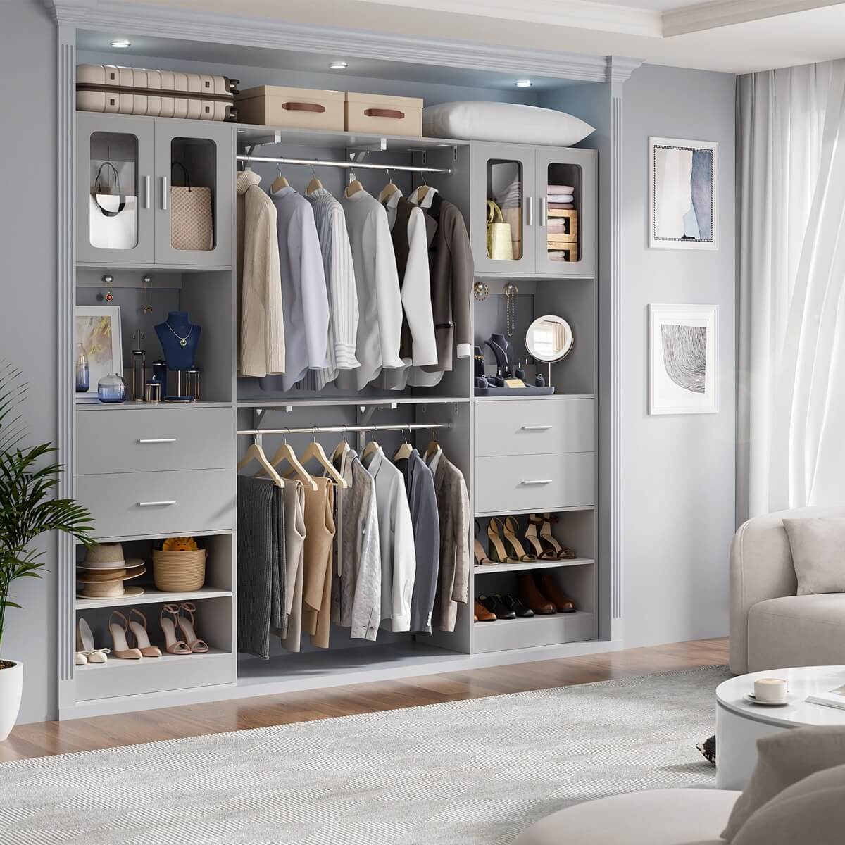 60 Inch Closet Organizer System Tower with Drawers & Big Wing Shelf