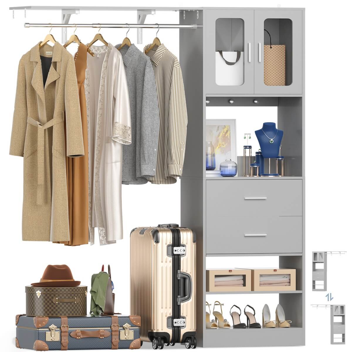 60 Inch Closet Organizer System Tower with Drawers & Big Wing Shelf