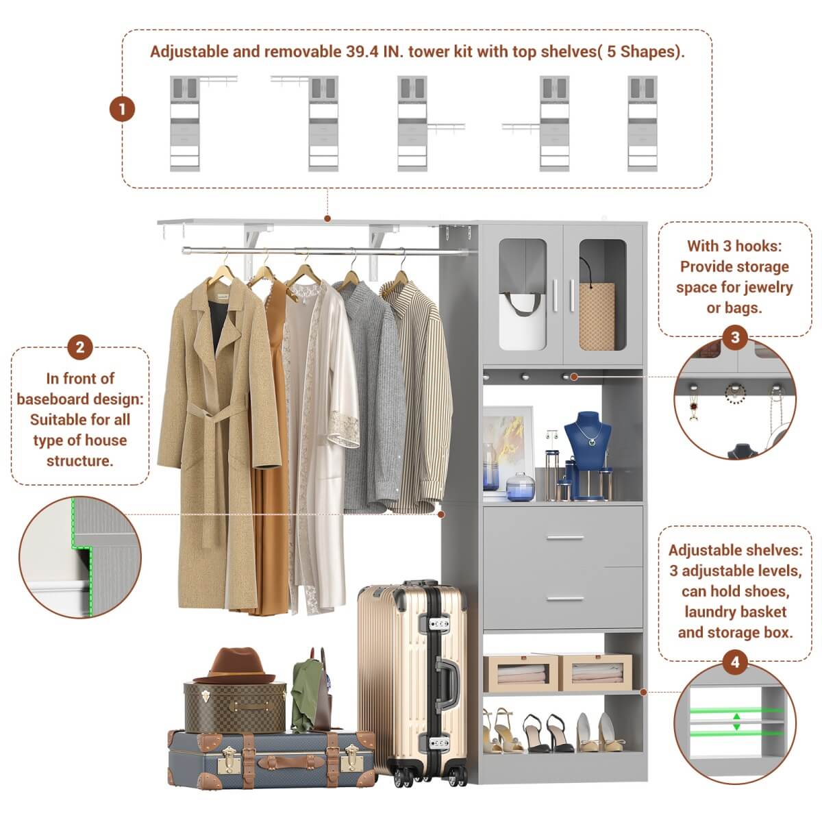 60 Inch Closet Organizer System Tower with Drawers & Big Wing Shelf
