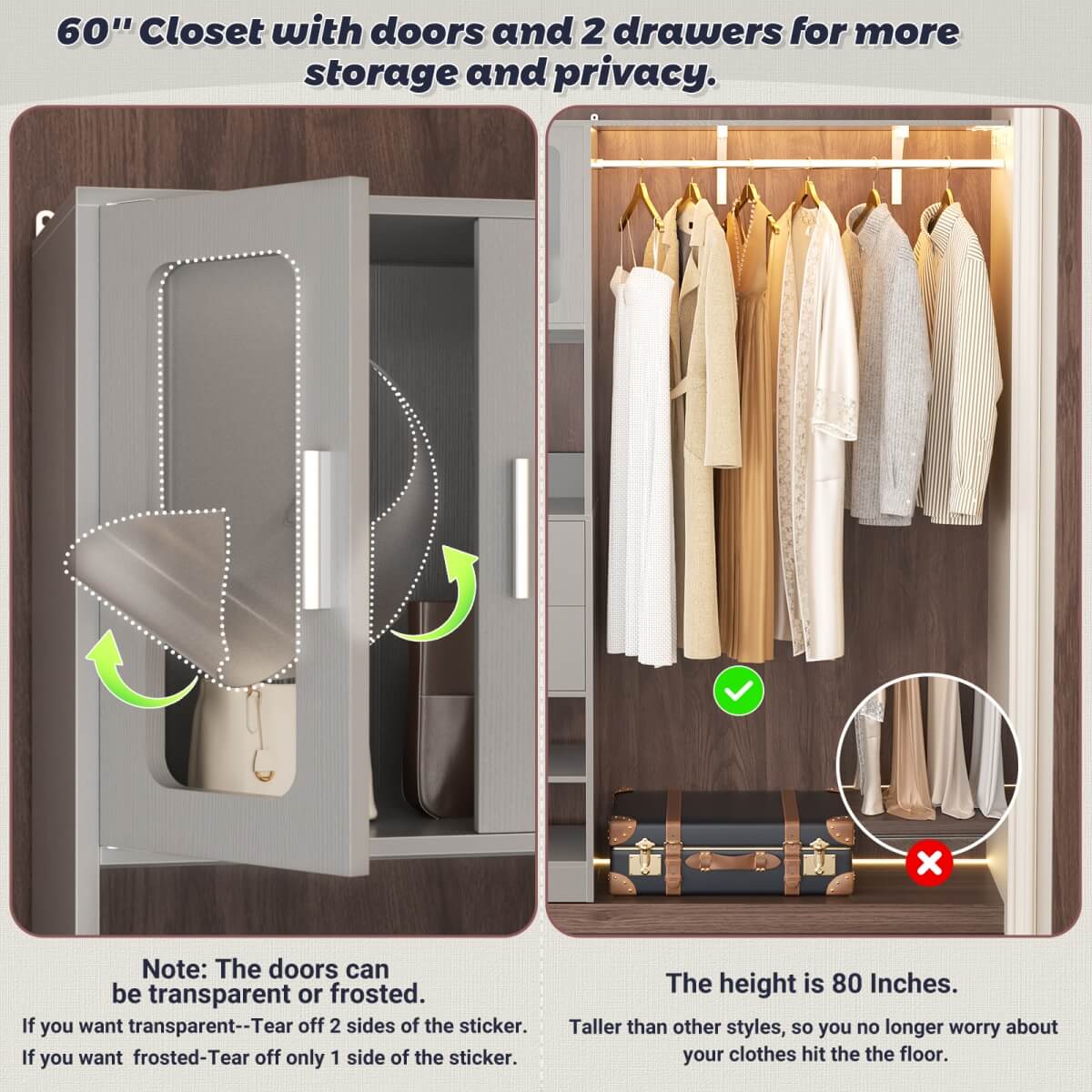 60 Inch Closet Organizer System Tower with Drawers & Big Wing Shelf