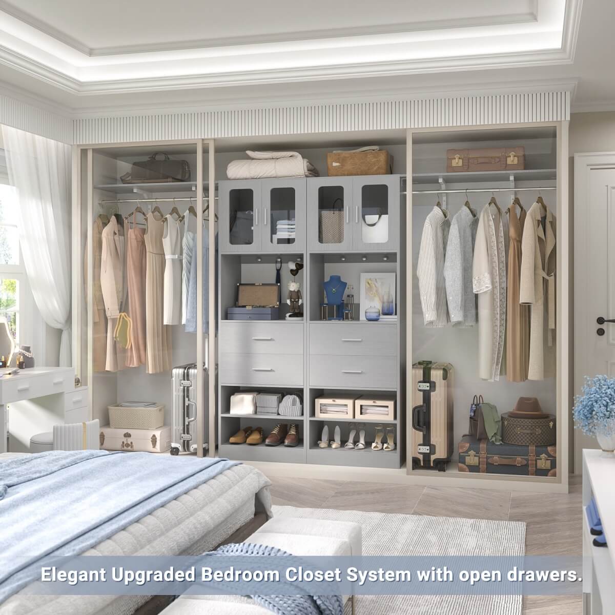 60 Inch Closet Organizer System Tower with Drawers & Big Wing Shelf