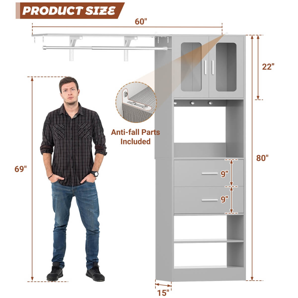 60 Inch Closet Organizer System Tower with Drawers & Big Wing Shelf