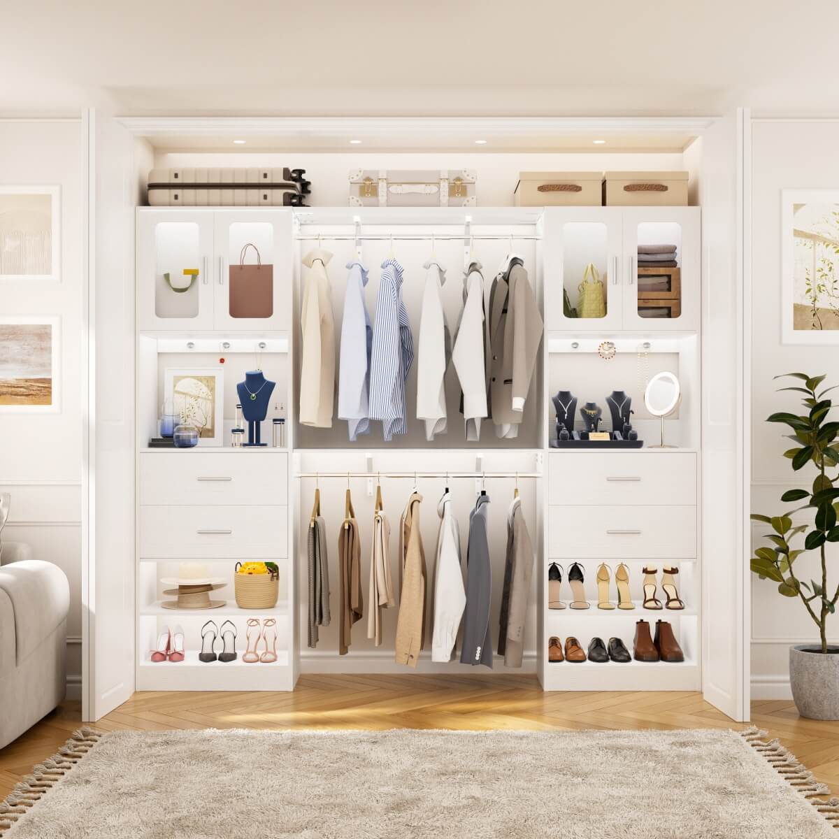 41-120 Inch Adjustable Closet System with 4 Drawers and 2 Storage Cabinets, Set of 2