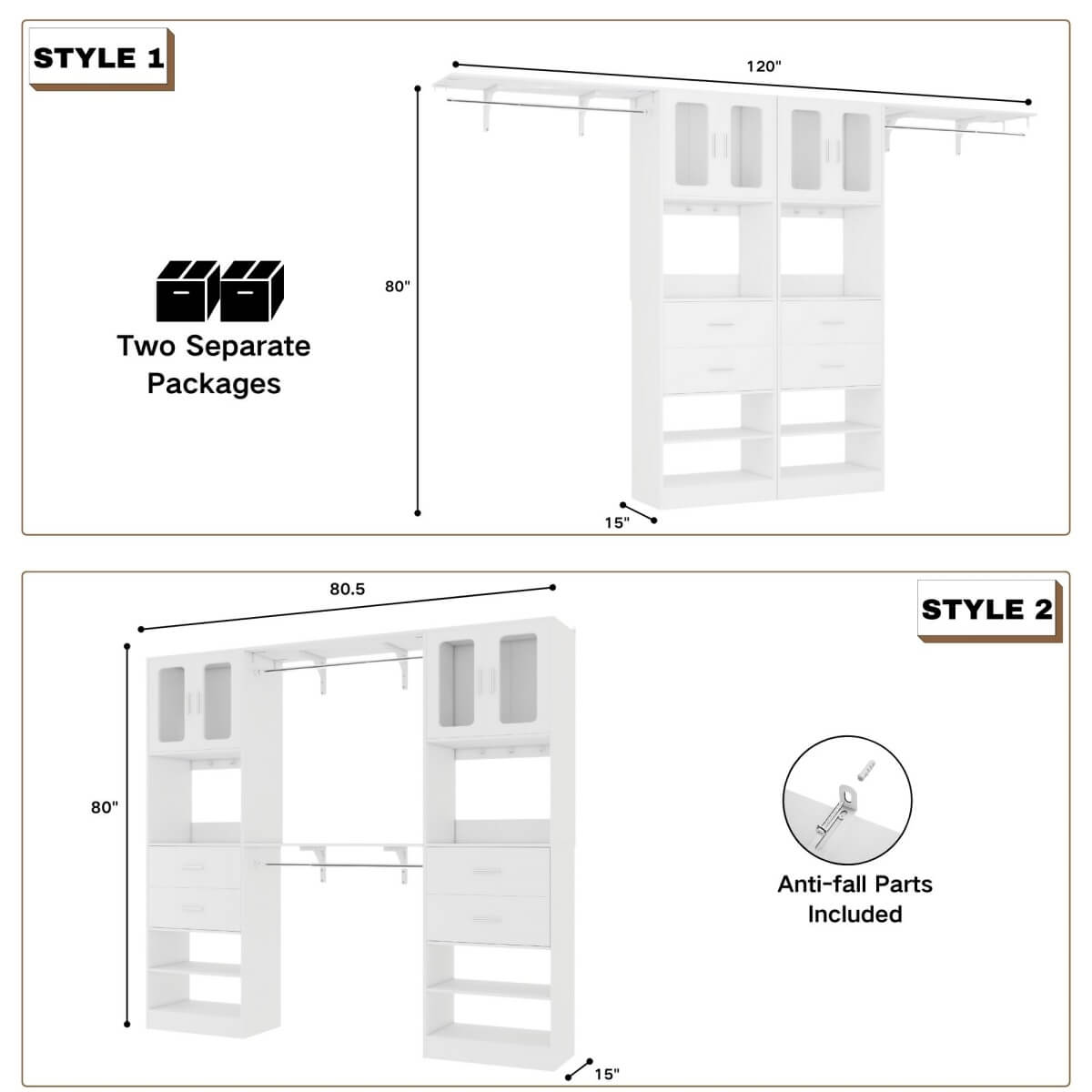 41-120 Inch Adjustable Closet System with 4 Drawers and 2 Storage Cabinets, Set of 2
