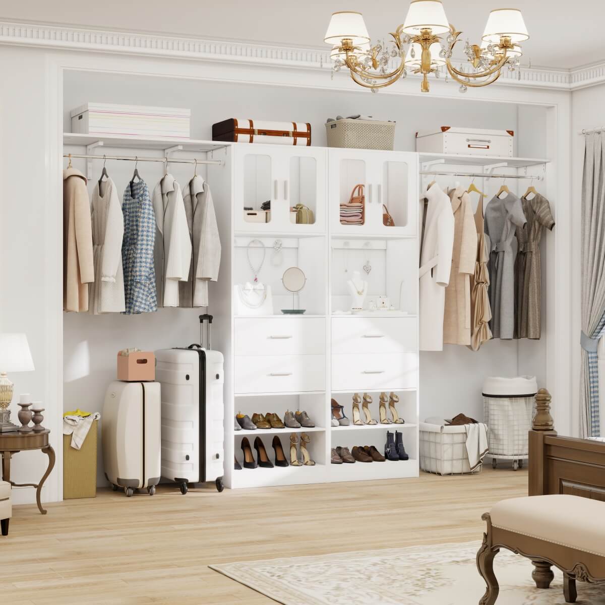 41-120 Inch Adjustable Closet System with 4 Drawers and 2 Storage Cabinets, Set of 2