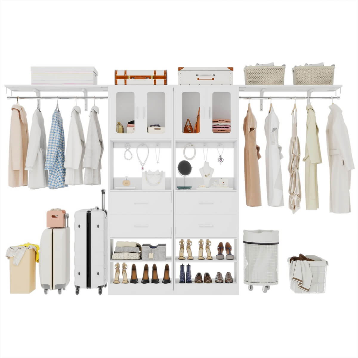 41-120 Inch Adjustable Closet System with 4 Drawers and 2 Storage Cabinets, Set of 2