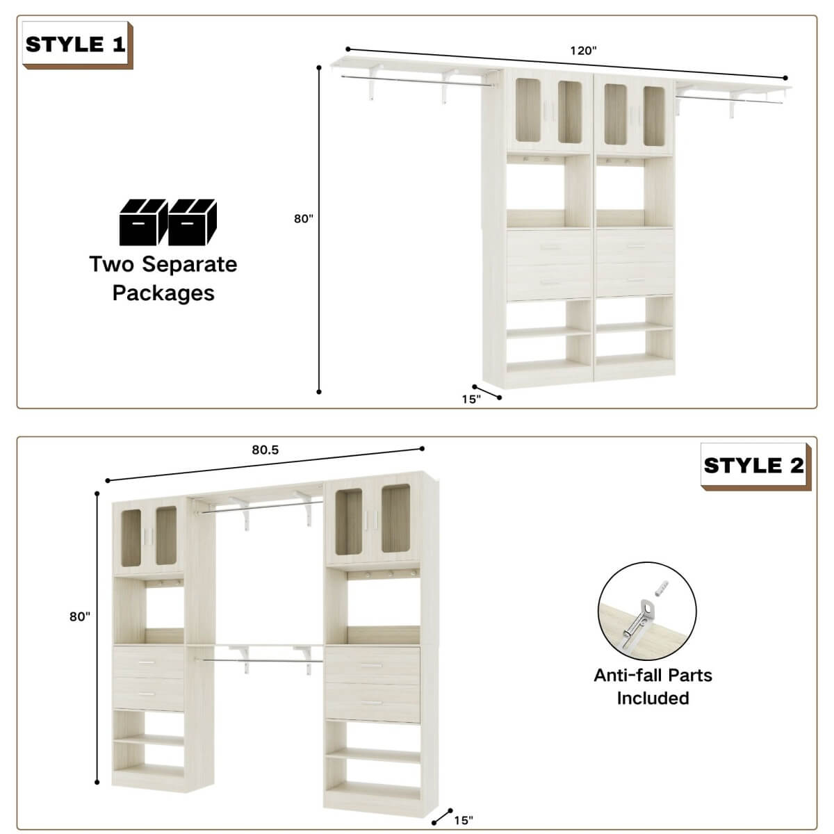 41-120 Inch Adjustable Closet System with 4 Drawers and 2 Storage Cabinets, Set of 2