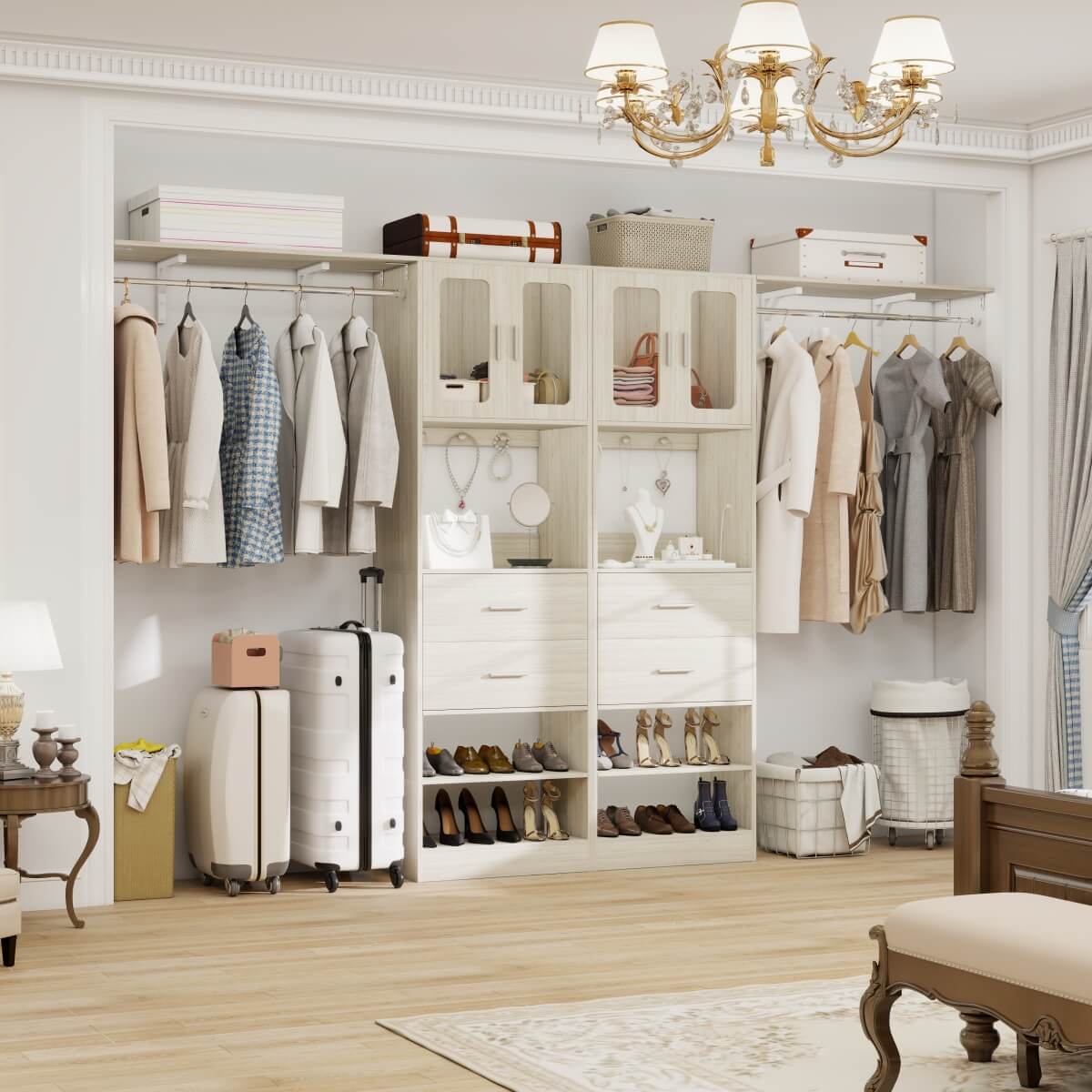 41-120 Inch Adjustable Closet System with 4 Drawers and 2 Storage Cabinets, Set of 2