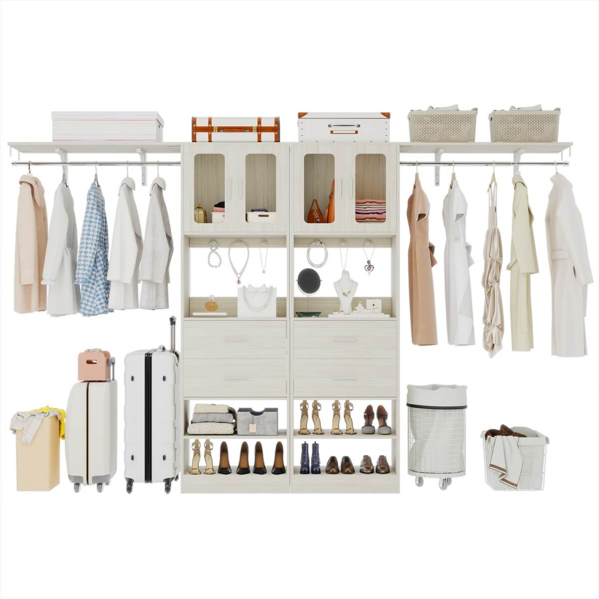 41-120 Inch Adjustable Closet System with 4 Drawers and 2 Storage Cabinets, Set of 2