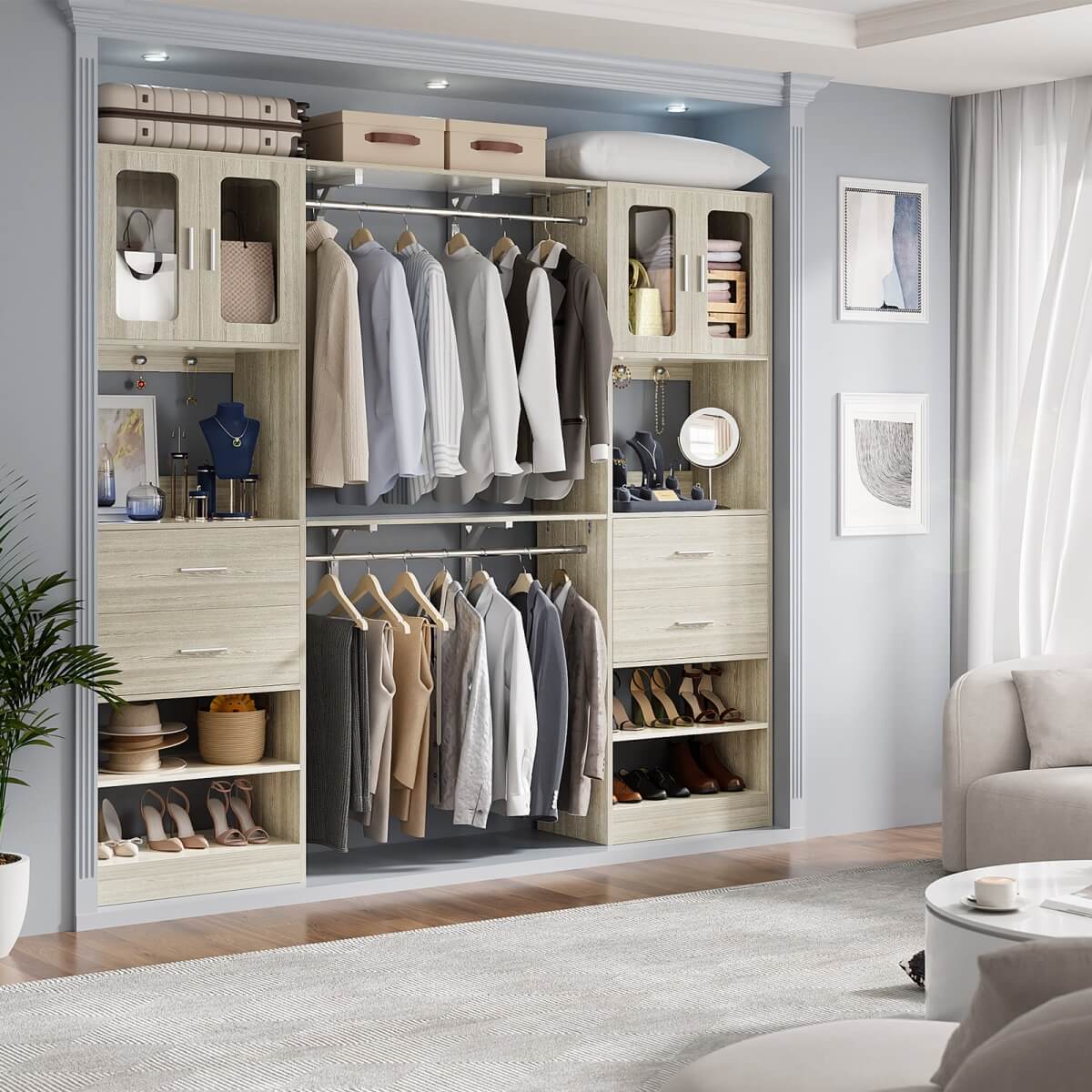 60 Inch Closet Organizer System Tower with Drawers & Big Wing Shelf
