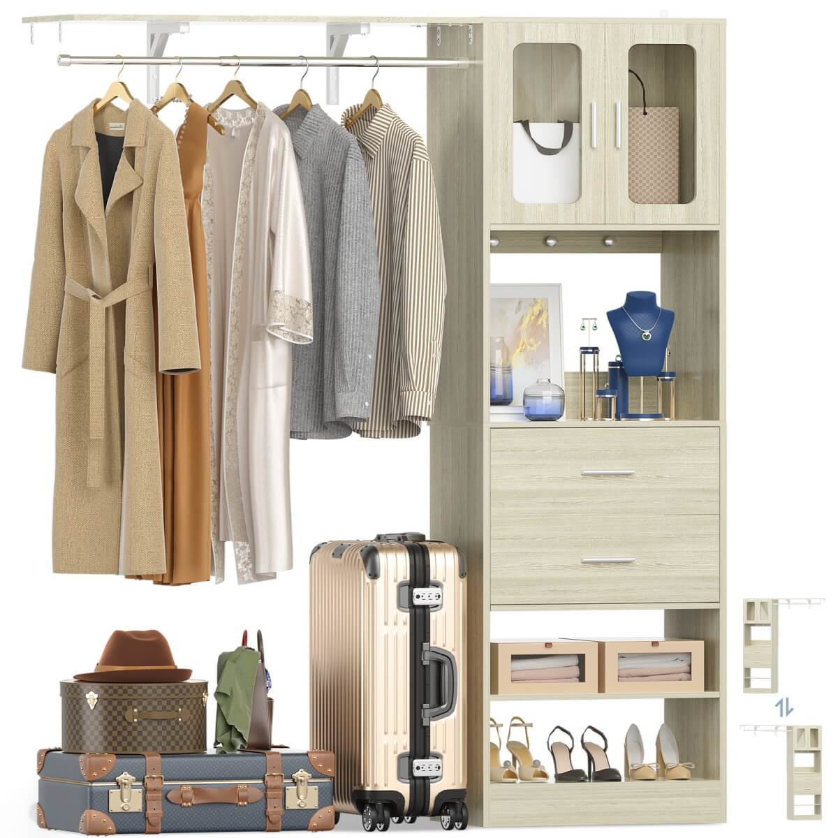 60 Inch Closet Organizer System Tower with Drawers & Big Wing Shelf