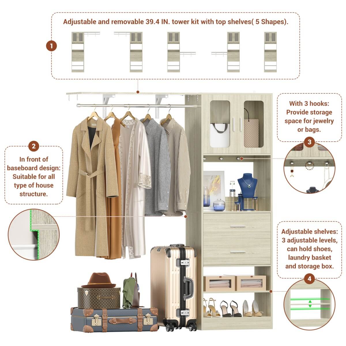 60 Inch Closet Organizer System Tower with Drawers & Big Wing Shelf
