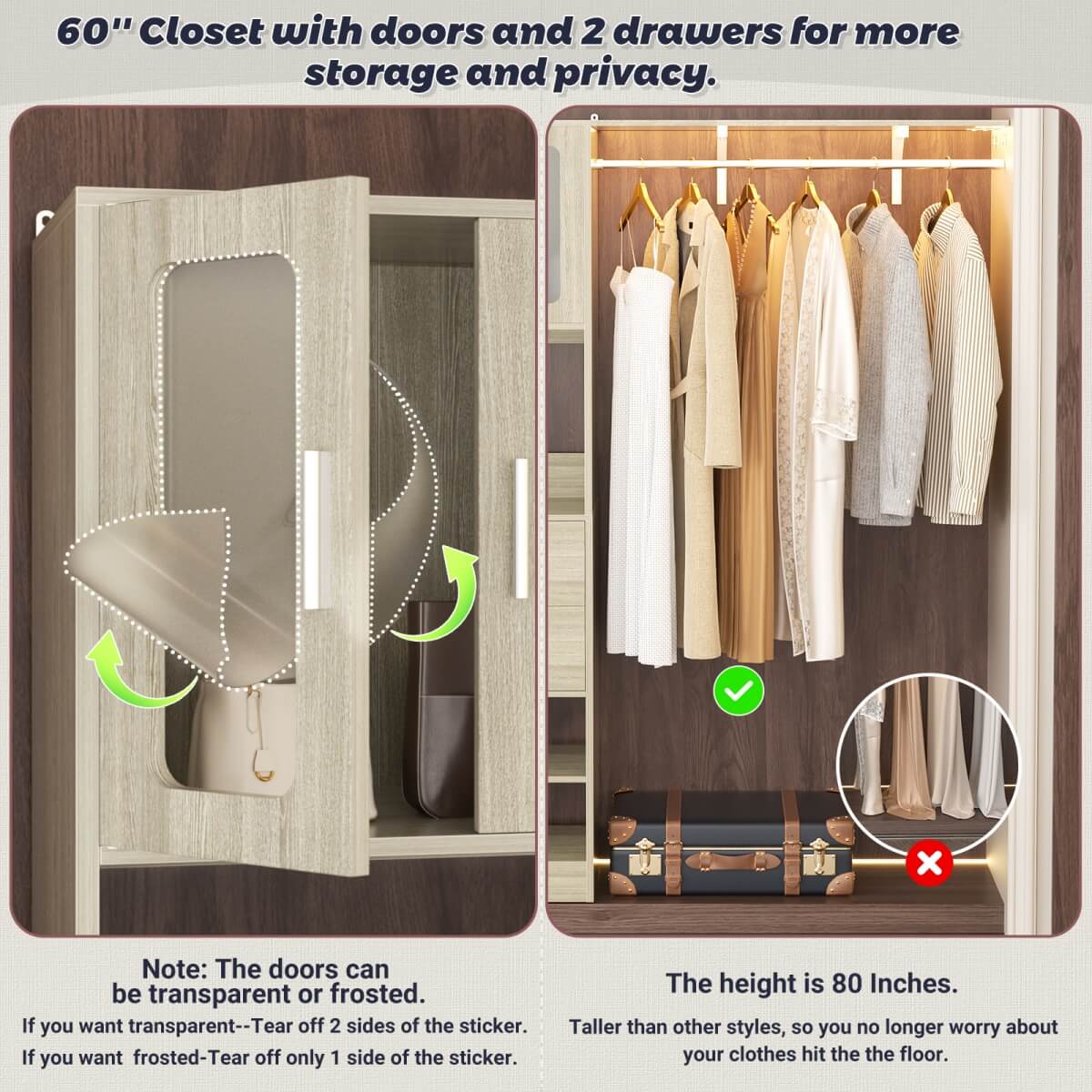 60 Inch Closet Organizer System Tower with Drawers & Big Wing Shelf
