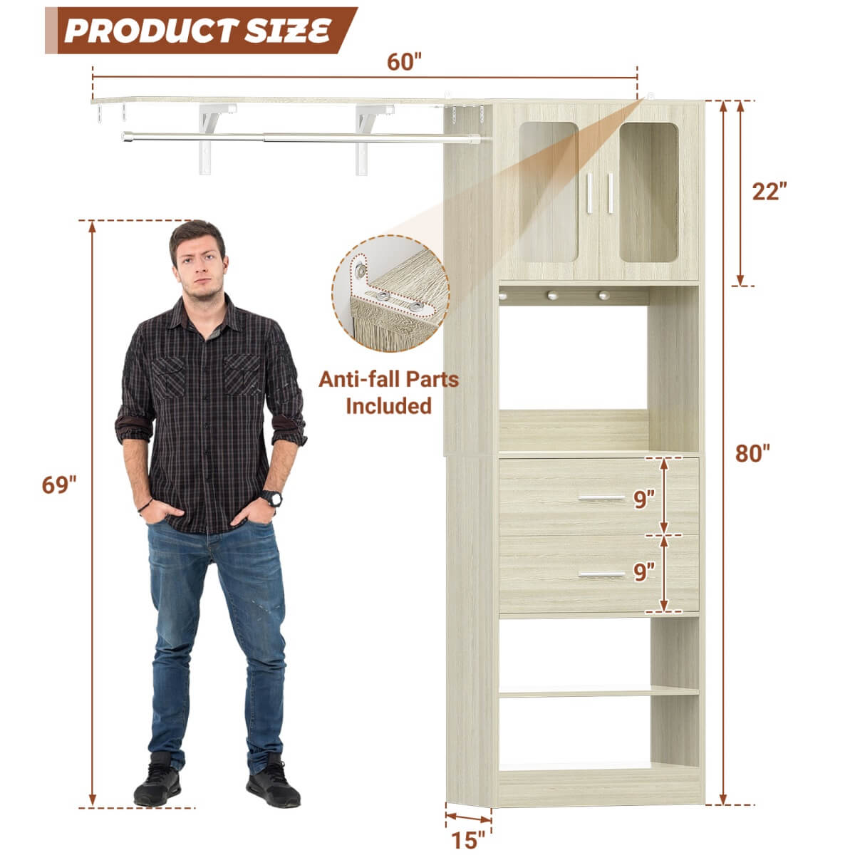 60 Inch Closet Organizer System Tower with Drawers & Big Wing Shelf