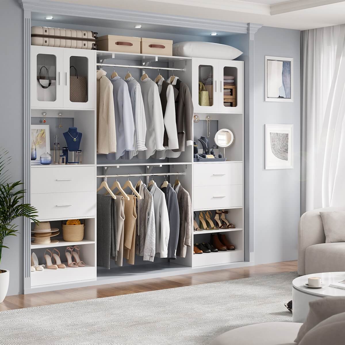 60 Inch Closet Organizer System Tower with Drawers & Big Wing Shelf