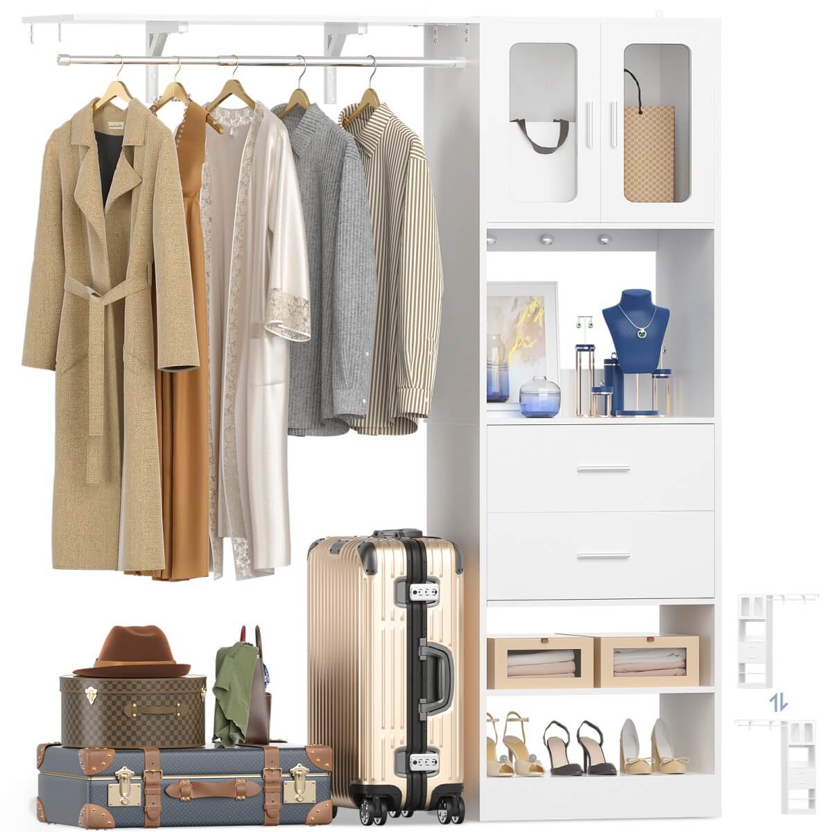 60 Inch Closet Organizer System Tower with Drawers & Big Wing Shelf