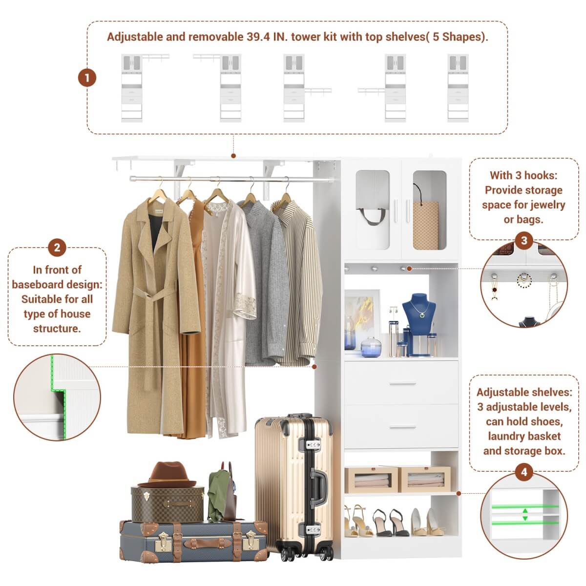 60 Inch Closet Organizer System Tower with Drawers & Big Wing Shelf