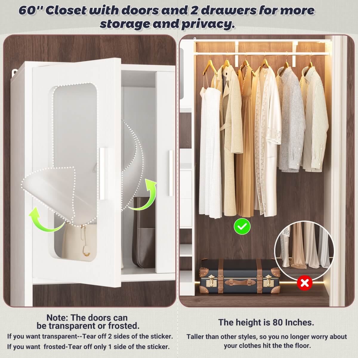 60 Inch Closet Organizer System Tower with Drawers & Big Wing Shelf